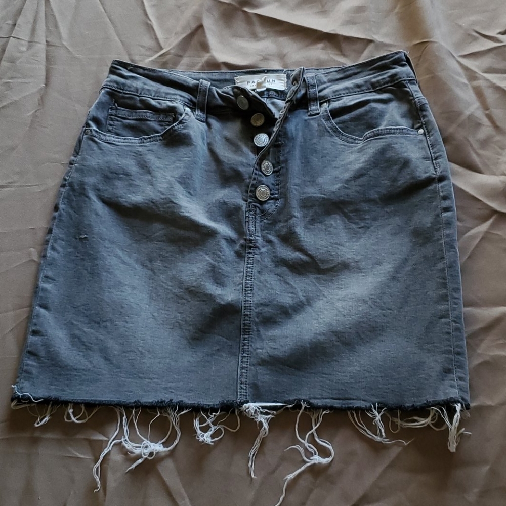 Grey denim button-fly mini skirt by PacSun. A1.